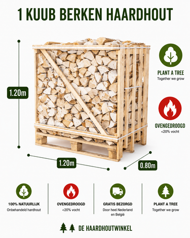 Berken Haardhout Halve Pallet (1 m³), Ovengedroogd, Direct Stookbaar