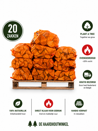 Eiken Haardhout 20 Zakken (22 L), Ovengedroogd, Lange Brandduur