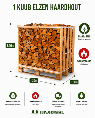 Elzen Haardhout Halve Pallet (1 m³), Ovengedroogd, Direct Stookbaar